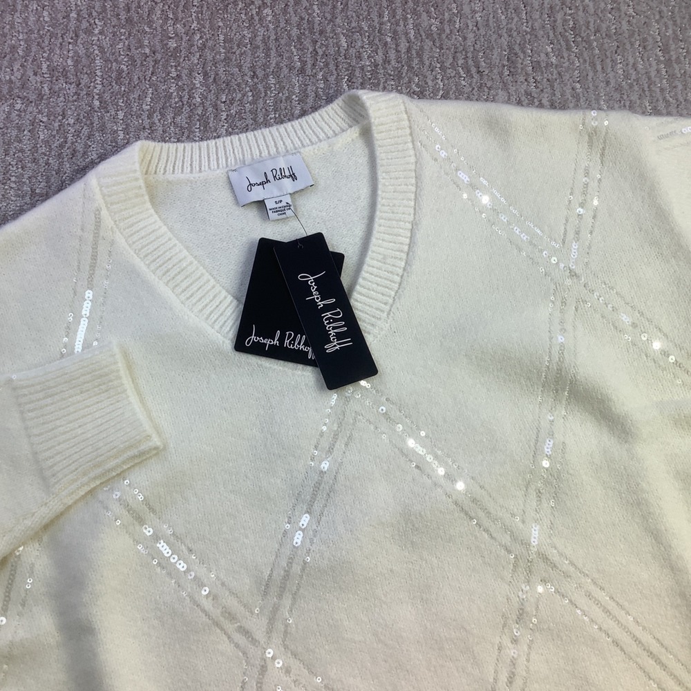Joseph Ribkoff Womens Sequin V Neck Sweater‎ Winter White Size S NWT